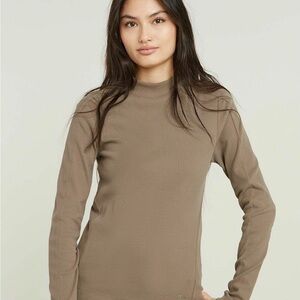 G-Star RAW Slim Rib Mock Neck Long Sleeve Top Brindle S NWT Stretch Tee